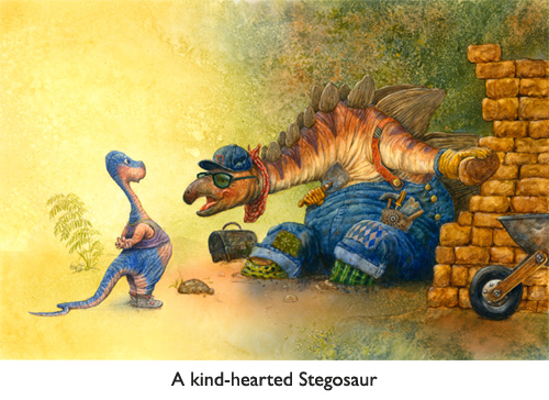 ‘Stegosaur Sells Bricks’  (And that’s a good thing for brachiosaur number two, let me tell you!  That T-rex is creeping closer through the jungle underbrush as we SPEAK!)